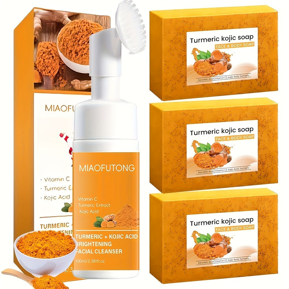 Turmeric Cleaning Kit, 3.38Oz Turmeric Facial Cleansing Foam + 3 Turmeric Soap Bars, Abundant Foam for Cleansing Skin, Brush Applicator Cleanser, Moisturizing And Nourishing, Mild And Non-Irritating