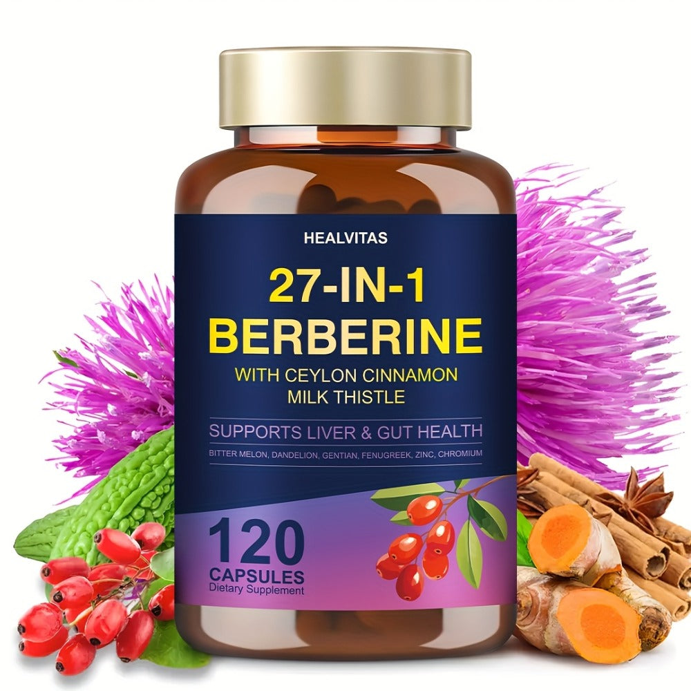 Berberine Supplement Capsules with Ceylon Cinnamon Milk Thistle Green Tea & Aloe Vera | Natural Herbal Formula for Liver Gut & Immune Health | Blood Sugar Support | 120 Capsules