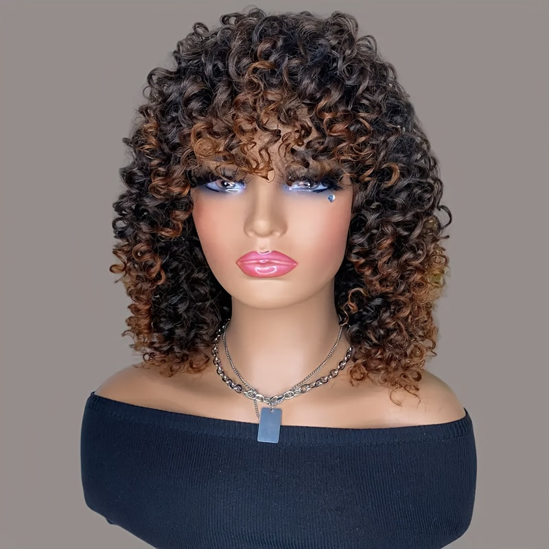Elegant Women Short Afro Kinky Curly Synthetic Ombre Brown Wig with Bangs, High Temperature Fiber, Elastic Cap, for Daily Wear