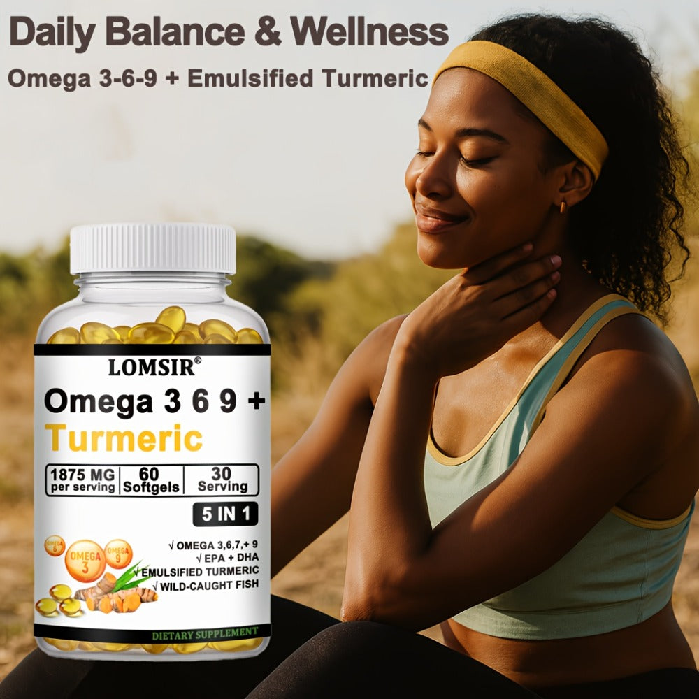 LOMSIR Omega 3-6-9 + Turmeric Softgels (DHA & EPA) - Wild Fish Oil Blend, Emulsified Turmeric, 60 Softgels, Daily Balance, Easy-to-Take