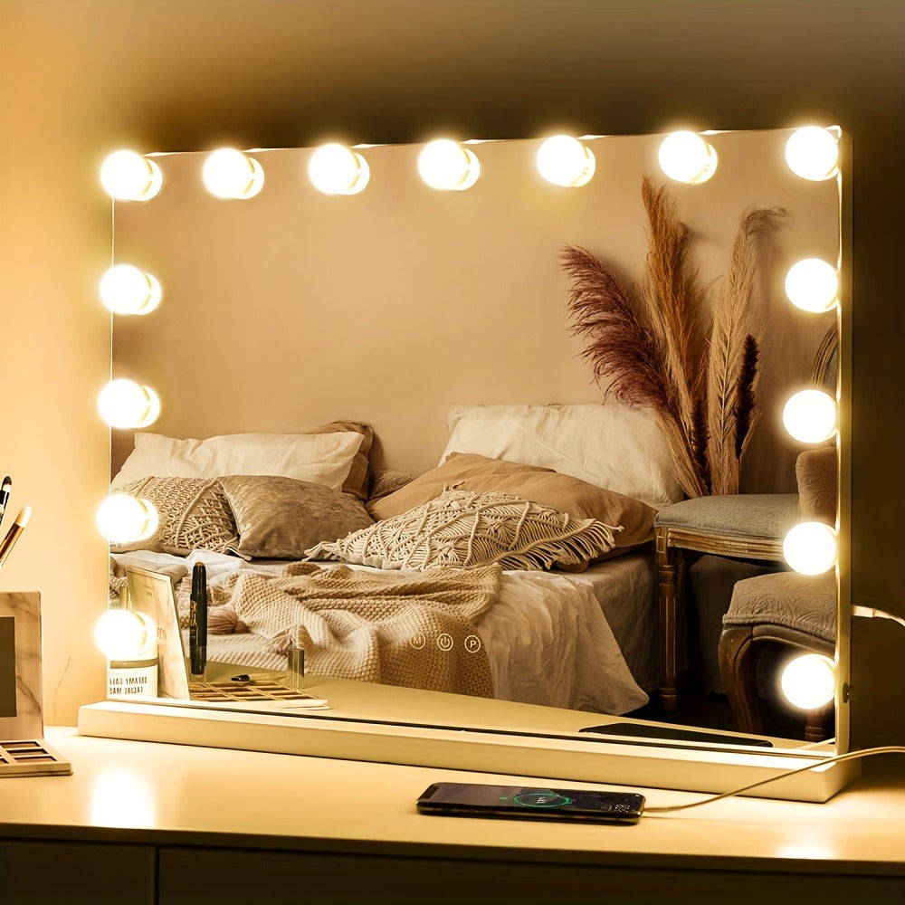 Vanity Makeup Mirror with Lights: Hollywood Mirror with 15LED Bulbs - Large 23"x19" Desk Mirror for Wall, Dimmable 3 Lighting Modes, USB Charger Port, White