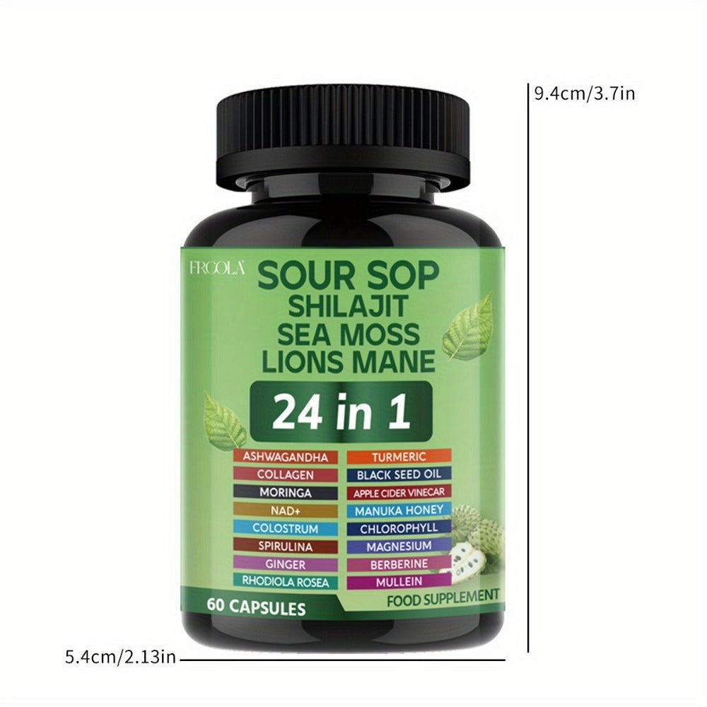 Soursop, Shilajit, Sea Moss, Lions Mane 24in 1Capsule - 2238mg Supports Intestinal Health, Provides Antioxidant Benefits for Man And Woman - 60 Count