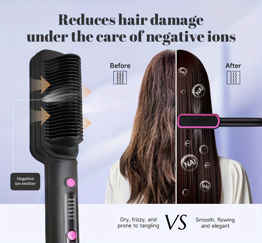 Hair Straightener Brush with Six Temperature Settings, Ionic Hair Straightening Brush Flat Iron for Women, Anti-Scald Straightening Comb Fast for Home Salon, Precise Temperature Control And Heats Up Fast, Christmas, Santa, Happy Holidays