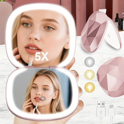 Compact Travel Makeup Mirror with LED Lights 5X Magnifying - Dual Sided 1X 5X Mirror, 3 Color Light Modes, Portable Purse Mirror for Women, Vanity Mirror for Desk Office Travel Gift