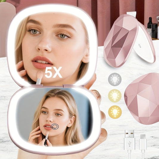 1X/5X Magnification 3 Colors LED Light Compact Travel Makeup Mirror with Light, One Side Magnifying Mirror And One Side Normal Mirror, Travel Portable for Purse And Travel Office Gift, Suitable for Makeup And Dressing Table.