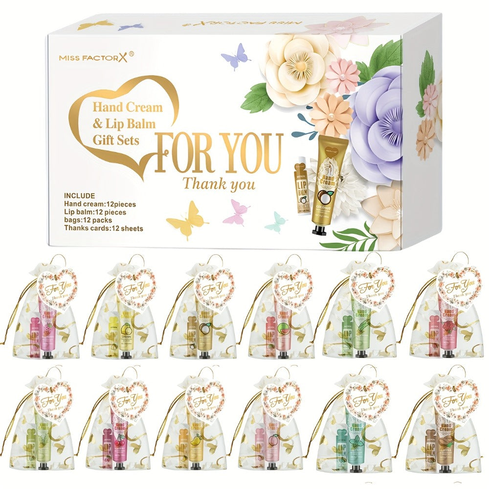 48pcs/Sets Hand Cream & Lip Balm Gift Sets - Perfect For Wedding, Friend Gatherings, Or As A Party Favor! Includes 12pcs Hand Cream, 12pcs Lip Balm, 12pcs White Heart-Shaped Hot Stamping Yarn Bags, And 12pcs Thank You Cards. Mother'S Day Gift