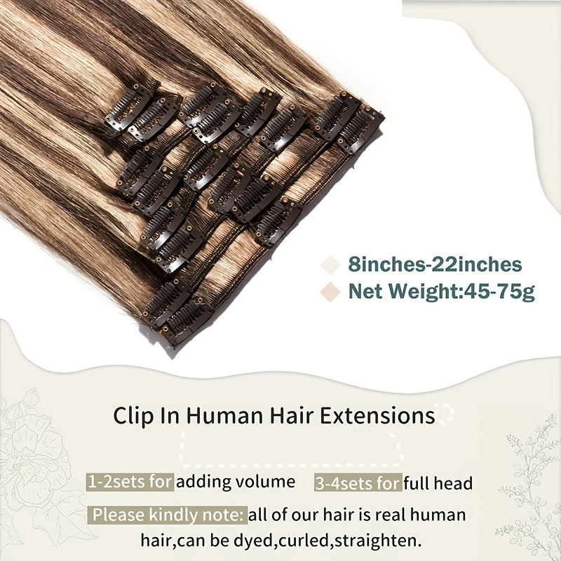 Set of 8 Human Hair Clip-In Extensions, Straight Remy Hair in Highlighted Blonde, Perfect for a Full Head Look for Women