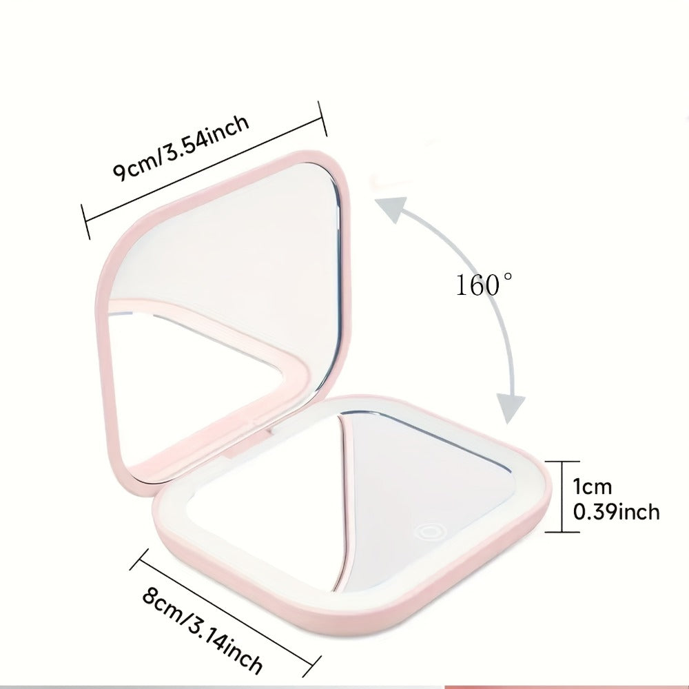 Handheld Mirror with LED Lights, Featuring a Double-Sided Design, Three Brightness Settings, USB Rechargeable Capability, And a Foldable, Portable Structure, Ideal for Makeup Application And Travel, Including Regular And 2X Magnification Options.