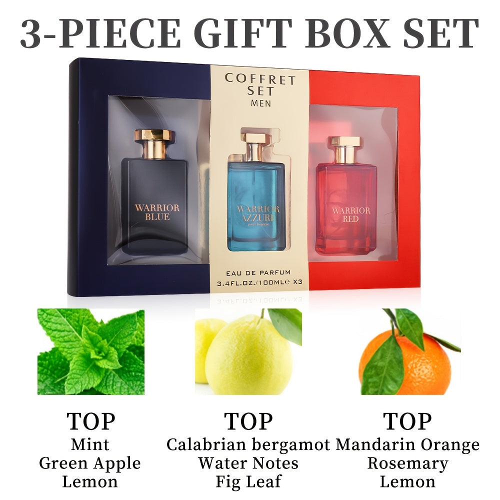 3.4fl.oz Warrior Blue Men's Eau De Toilette - OR 3pcs EDT Gift Set (3.4fl.oz Each) | 3 Long-Lasting Scents, Perfect Holiday & Dating Gift