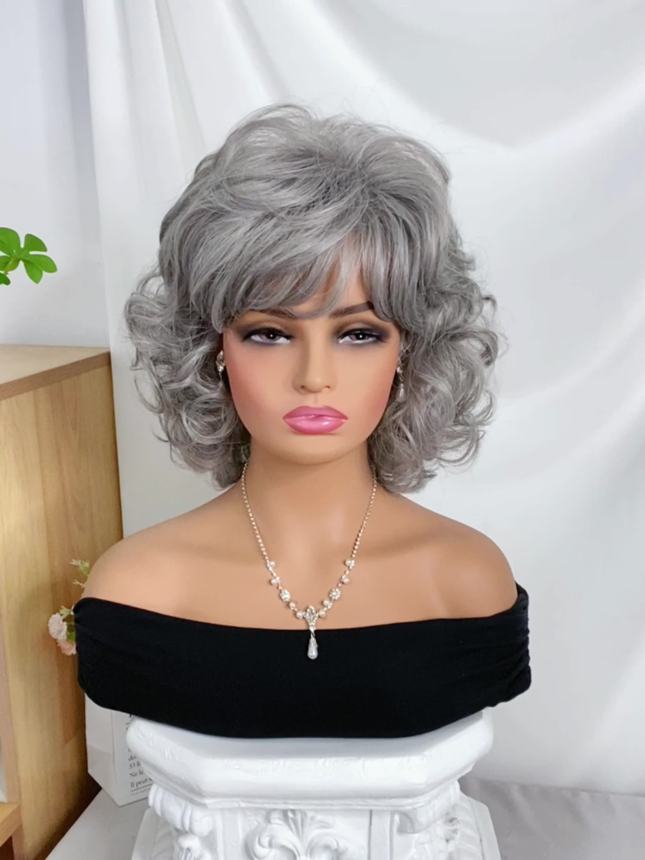 14 Inch Short Curly Hair Mixed With Grey And Slanted Bangs Wig, Made Of Elegant And Heat-resistant Synthetic Fiber Material For Women, Rose Net Wig Headband - Suitable For Daily Wear, Role-playing, Halloween Parties, Music Festivals, Weddings