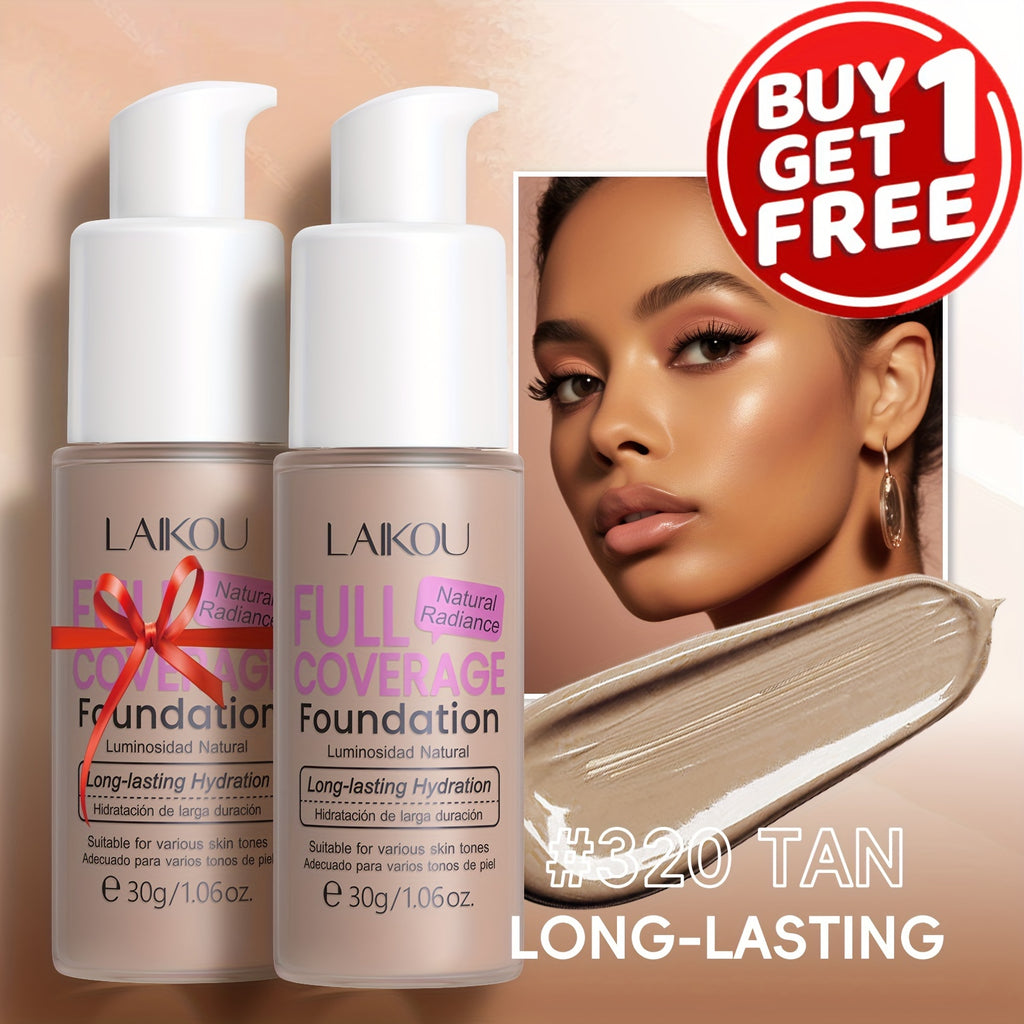 LAlKOU Hydrating Full Coverage Foundation - 1.06oz, Waterproof & Long-Lasting with Sodium Hyaluronate & Pear Powder for Flawless Skin, Invisible Pores, Conceals Blemishes - Fair to Medium Tones, 6 Colors Available, Buy 1 Get 1 Free, Buy 1 Get 1 Free