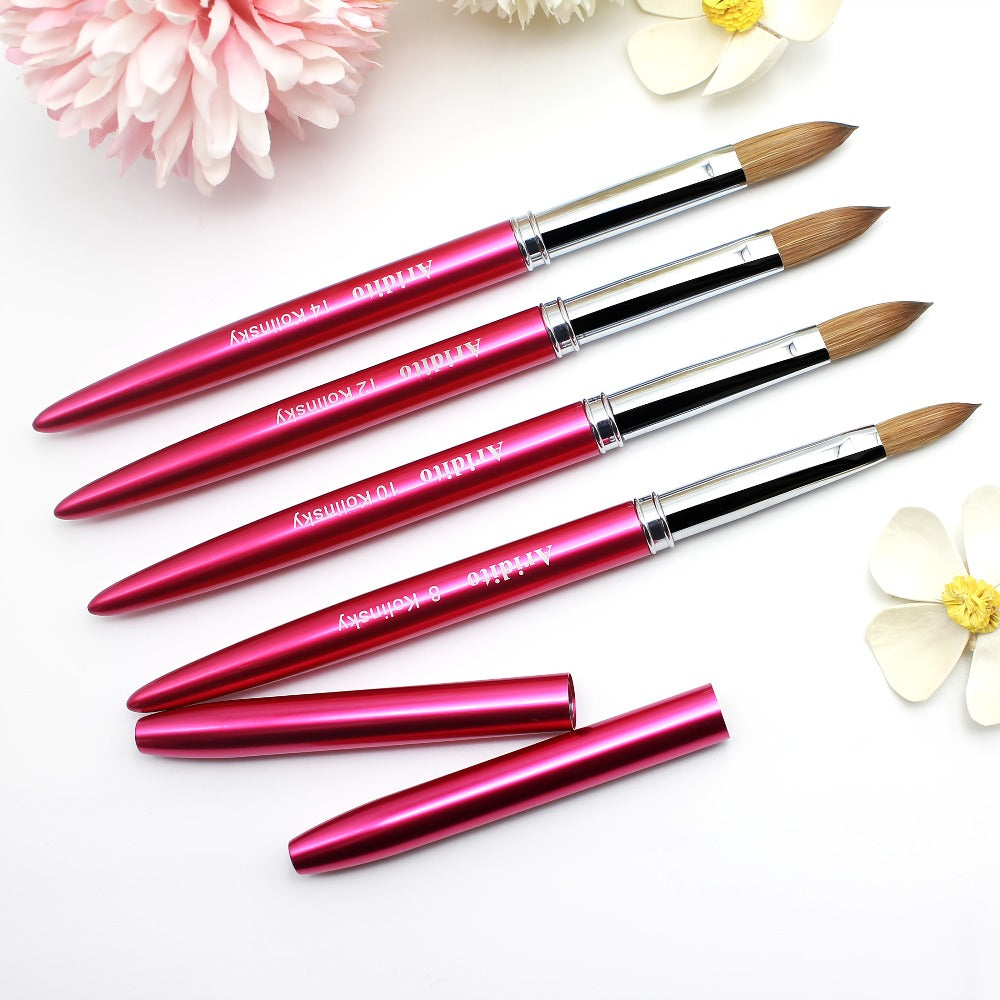 Aridito Professional Acrylic Nail Brush with 100% Kolinsky Hair - Flat Shape, Rose Red Handle & Cap for Manicure and Pedicure (Sizes 8, 10, 12, 14), Nail Art Accessories | Sleek Finish | Kolinsky Hair Bristles