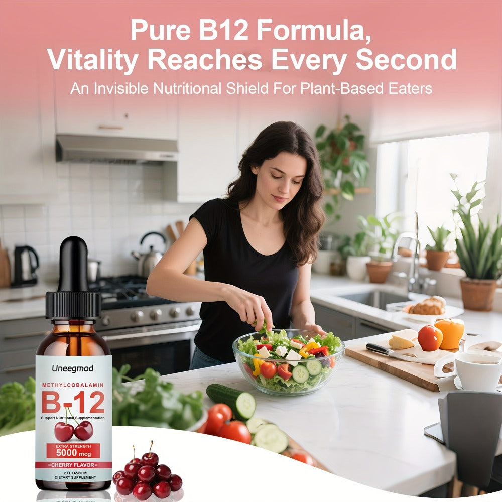 Uneegmod Vitamin B12 Liquid Drops 5000 Micrograms Cherry Flavor Sublingual B12 Drops Methylcobalamin Liquid Supplement Suitable for Both Men And Women 2 Fluid Ounces