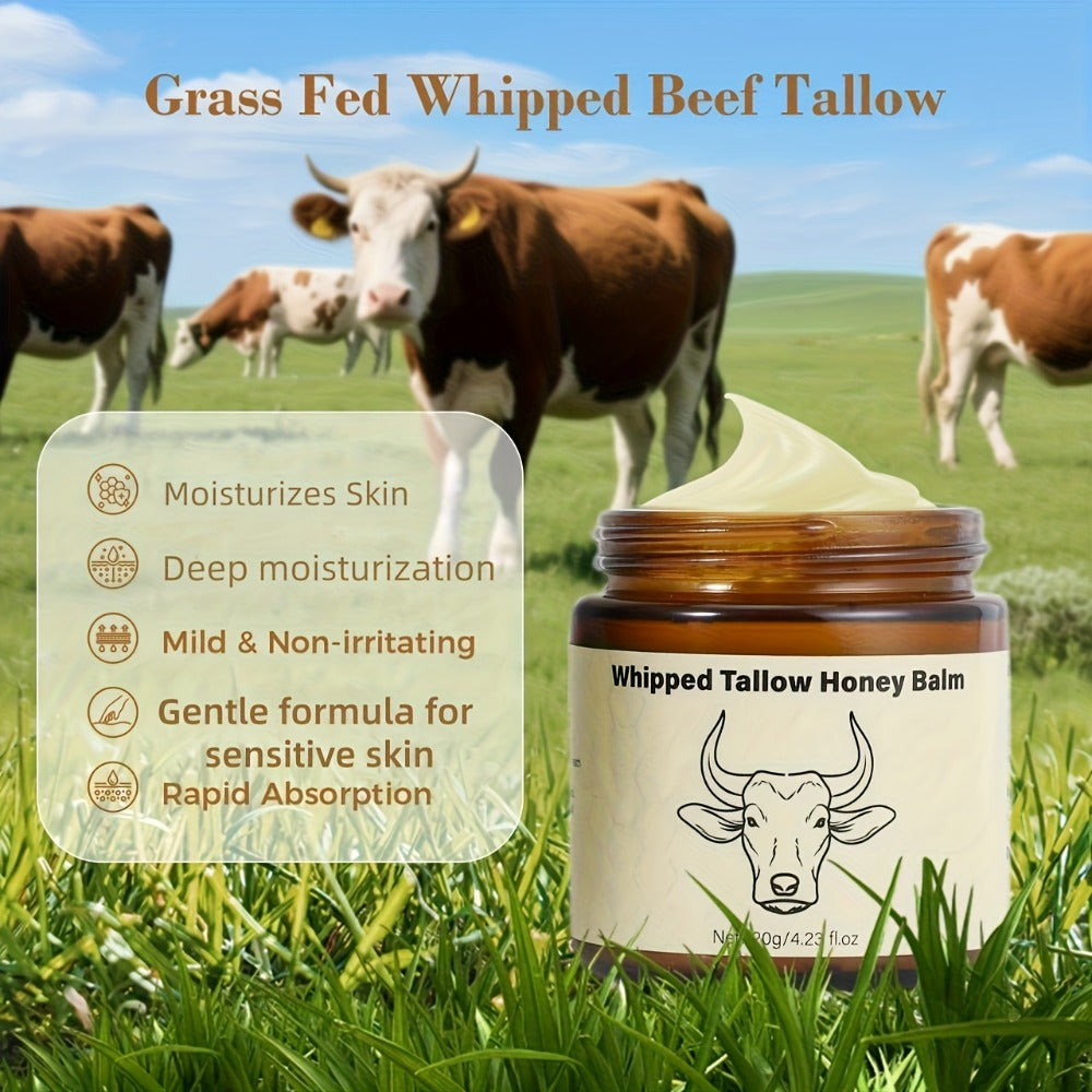 Grass Fed Beef Tallow Balm Suitable for Face & Body - Natural Whipped Moisturizer Cream with Honey, Unrefined Grass-Fed Beef Formula, Non-Greasy Hydration for Sensitive Skin, Nourishing for Dryness, Men & Women