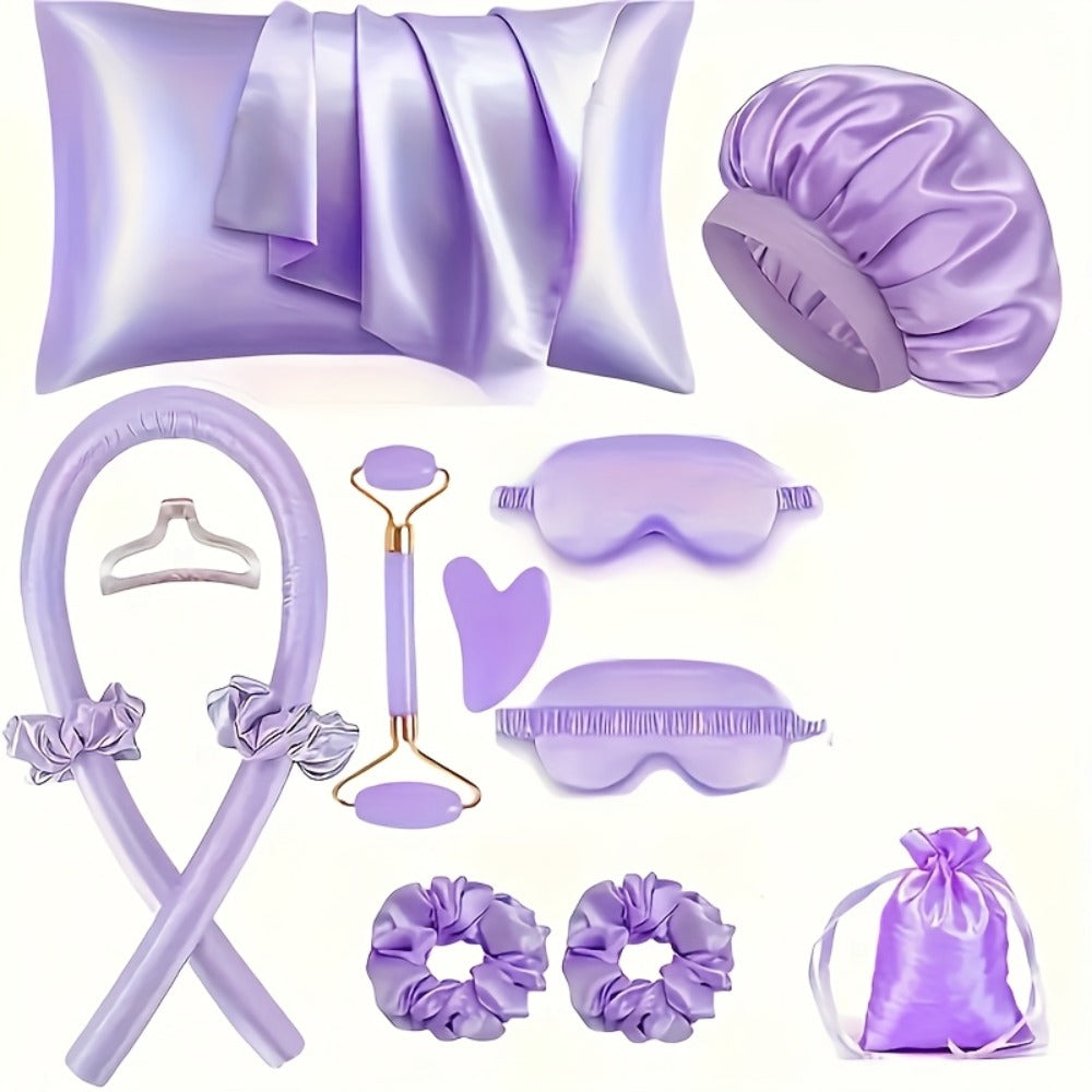 Sleep Hair Curling Set 12pcs – Heatless Curling Rods, Satin Sleep Cap, Eye Mask, Facial Roller, Hairband & Satin Storage Bag for Women