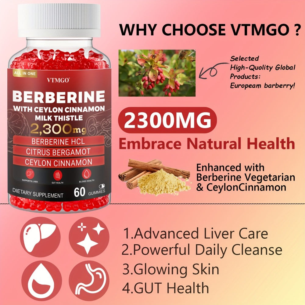 2300Mg Premium Berberine HCL Supplement - with Pure True Ceylon Cinnamon, Milk Thistle, Turmeric for Natural Health And Wellness. Nature'S Gift of Health And Happiness, Berry Flavor, Suitable for Both Men And Women. 60 GUMMIES