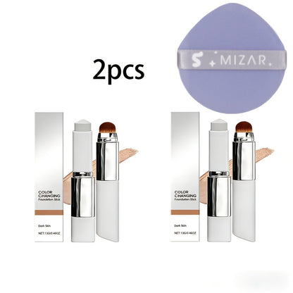 Color-Changing Foundation Stick 2PCS with Built-In Brush & Puff - Skin Tone Adapting Lightweight Matte Finish Sheer to Buildable Coverage Everyday Makeup for Women Ivory White Natural & Dark Skin