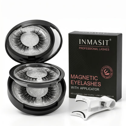 Magnetic Eyelashes Glue-Free Reusable False Lashes – Natural Wispy Fluffy Cat Eye Style, Waterproof Sweatproof with Applicator & Case, Black & Pink Set for Daily Wear, Parties & Gifts