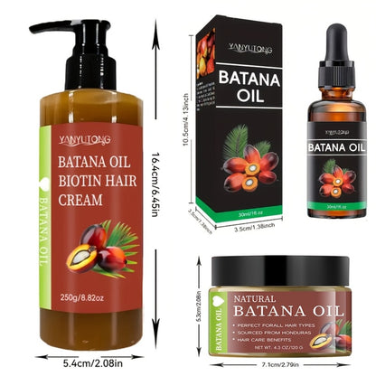Batana Hair Care Set 3pcs - Honduras Cold Pressed Hair Cream, Hair Oil & Essential Oil with Biotin | Thickens, Strengthens & Nourishes Scalp | Prevents Breakage