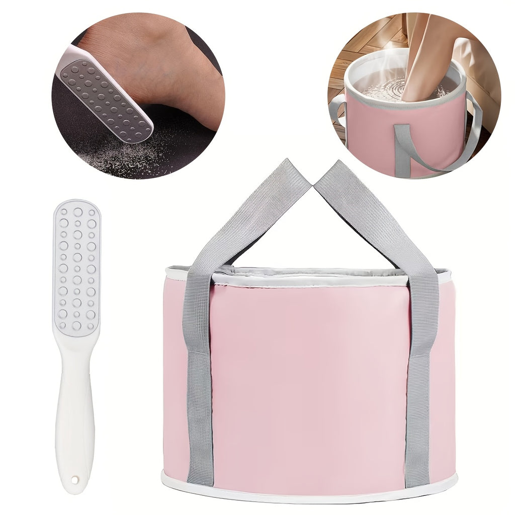 1 Small Portable Foldable Foot Bath Bucket +1 Foot Dead Light Beige Scrubber, Foot Care Tool Set, Foot Dead Light Beige Removal And Moisturizing Tool, Travel Foot Bath Tool