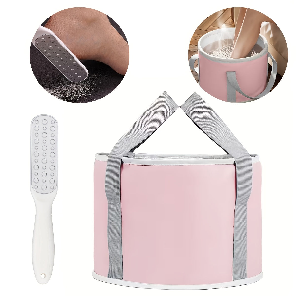 1 Small Portable Foldable Foot Bath Bucket +1 Foot Dead Light Beige Scrubber, Foot Care Tool Set, Foot Dead Light Beige Removal And Moisturizing Tool, Travel Foot Bath Tool