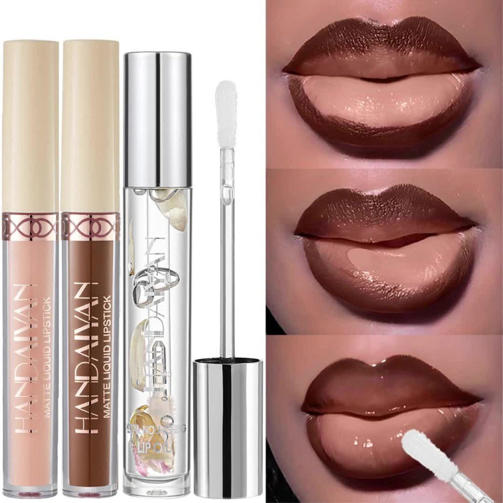 Lip Gloss Set 3pcs - Matte Lip Gloss, Lip Oil & Lip Liner Combo, Waterproof Long-Lasting Non-Sticky Velvet Finish, Mixed Shades for Party Festival Halloween Christmas Daily Makeup