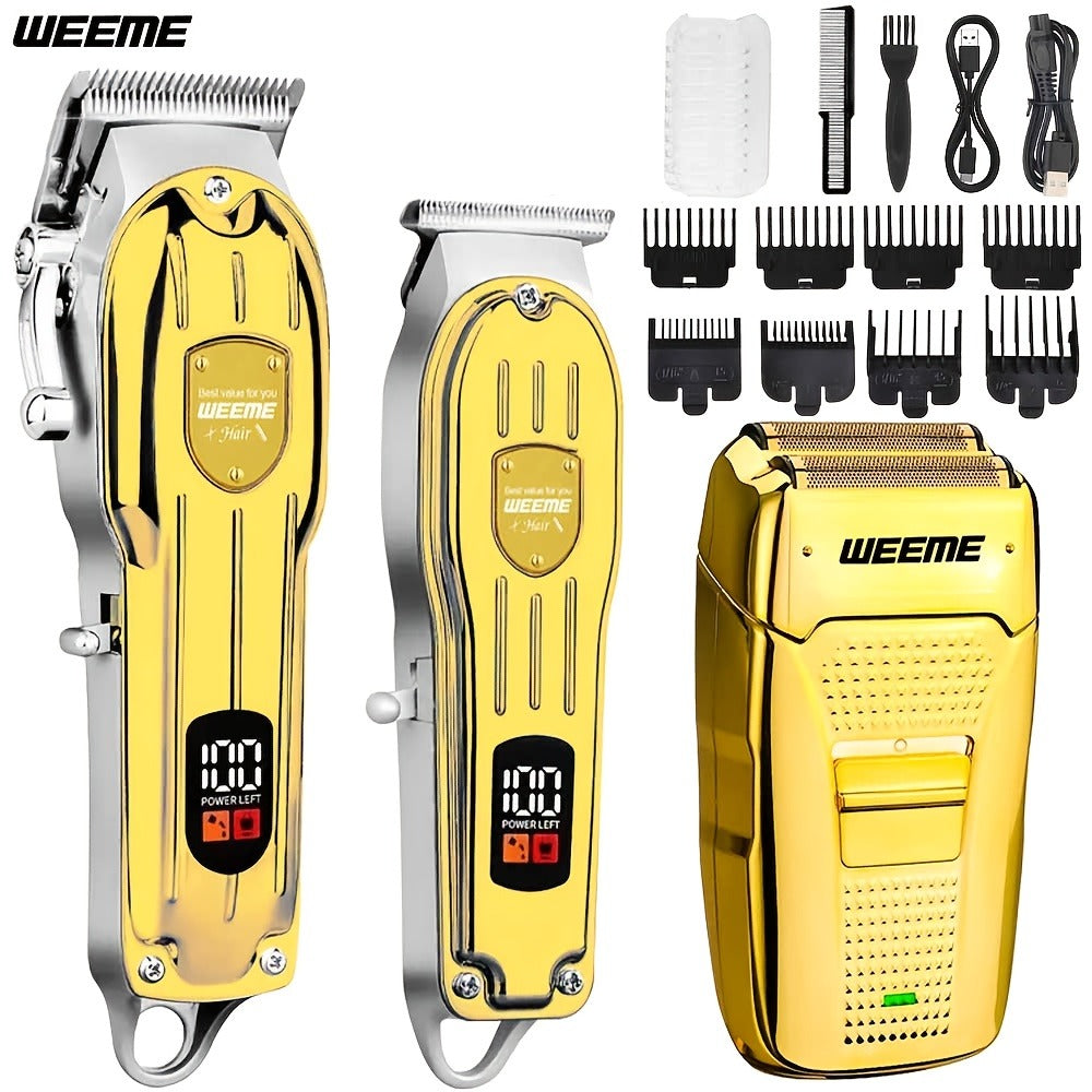 [Christmas New Year Gifts] WEEME All Golden Series 3pcs/2pcs/1pc Men's Hair Clipper Set - Hair Cutting Kit, T-Blade Trimmer, Combs, USB Cable, Cleaning Brush-Perfect Christmas And New Year Gifts