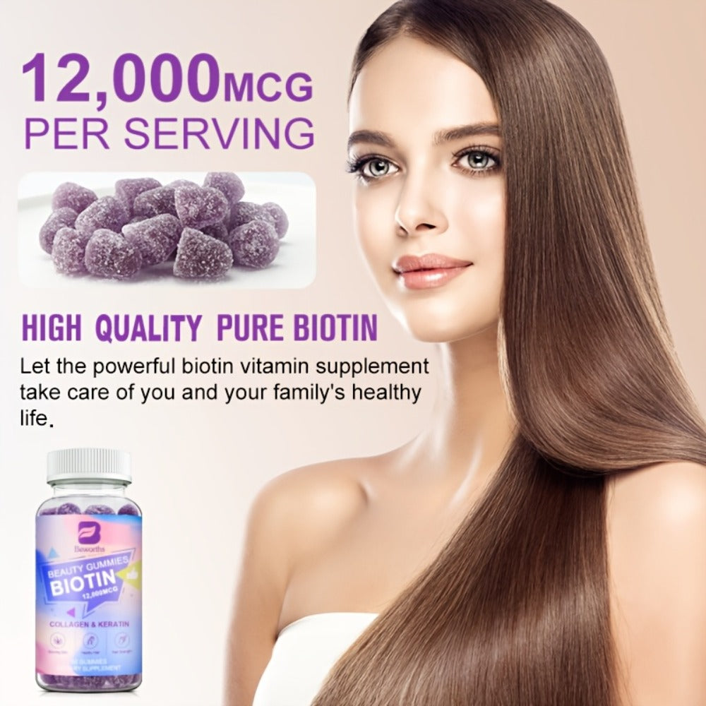 BEWORTHS Biotin Gummies 12000mcg with Biotin, Collagen, Keratin, Chlorophyll, Zinc And Vitamin A, B6, B12, C, D, E Complex Supports Hair Skin And Nails for Women & Men