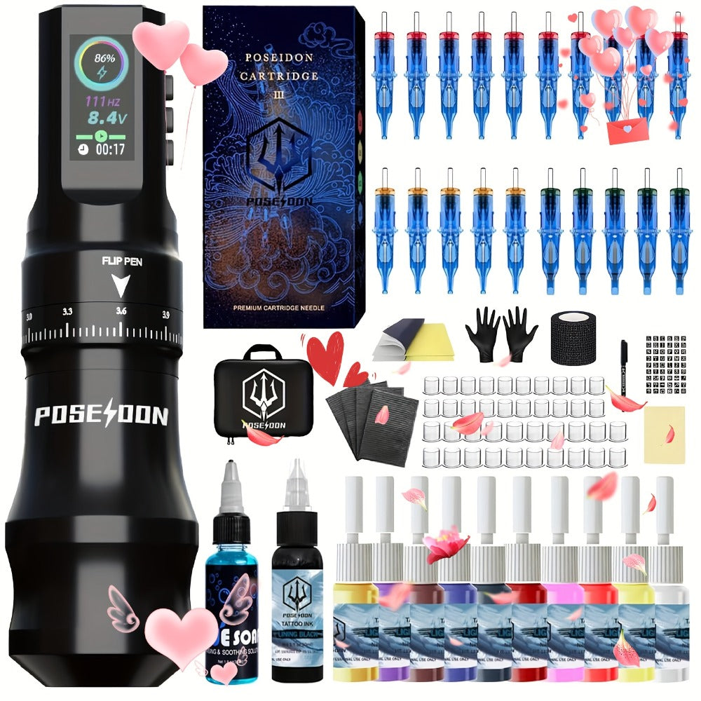 POSEIDON Tattoo Pen Kit, Wireless Rotary Tattoo Gun Kit, LED Color Screen Tattoo Machine Kit with 20pcs Tattoo Cartridge Needles, 11 Tattoo Inks for Beginners