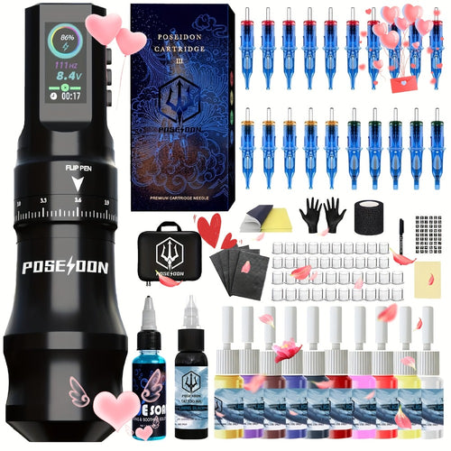 Wireless Tattoo Pen Kit Complete Set - Rotary Tattoo Machine LCD Color Screen 20pcs Cartridge Needles 11 Inks USB Rechargeable for Beginners & Artists TU33