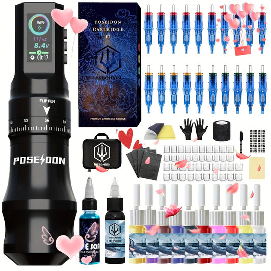 Wireless Tattoo Pen Kit Complete Set - Rotary Tattoo Machine LCD Color Screen 20pcs Cartridge Needles 11 Inks USB Rechargeable for Beginners & Artists TU33