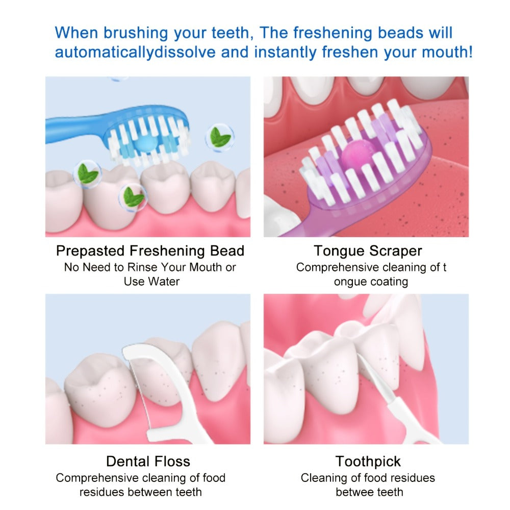 24/40pcs 5-in-1 Disposable Mini Toothbrush | Toothpaste, Floss, Pick, Tongue Scraper, Soft Mint, Oral Care, Nylon Bristles, ABS Plastic, Compact-, Medium Firmness, Travel Case