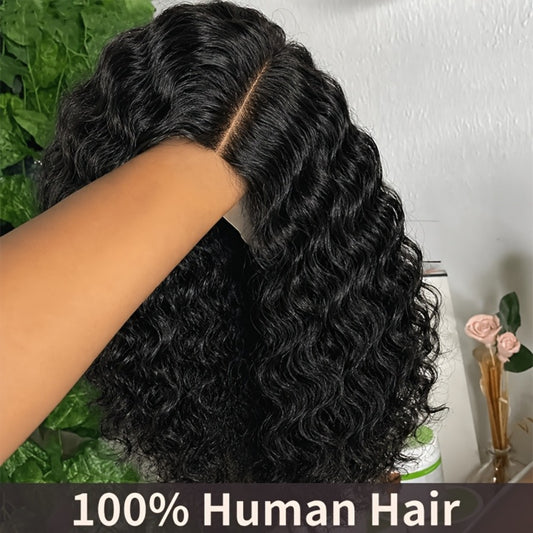 Bouncy Short Curly Bob Wig 12 Inch Brazilian Human Hair Deep Wave Glueless Wigs Pre Plucked Pre Cut 4x4 Lace Front Bob Wigs for Women Beginner Friendly Easy to Wear for Daily Wear & Cosplay & Parties & Music Festival & Christmas Party Wig
