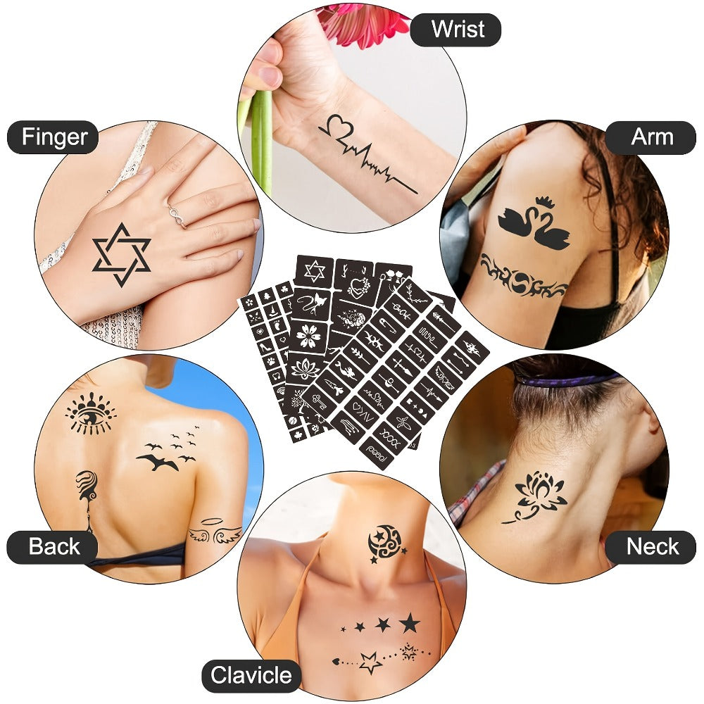 10pcs Double-ended Tattoo Pen Set + 114 Templates + Butterfly Temporary Tattoo Sticker Set Of Waterproof And Sweat-resistant Long-lasting DIY Design Tools, Easy to Remove And Washable Body Painting, The Ideal Choice for Party And Festival Gifts