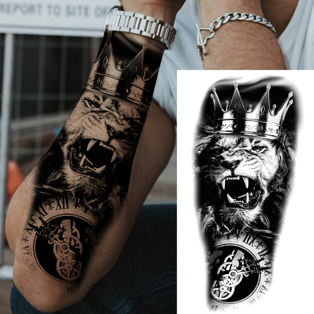 32pcs 3D Animal Realistic Temporary Tattoos, Half Sleeve For Men And Women, Big Tribal Wolf Lion Tiger Fake Tattoo Stickers, Adult Forearm, Skull Flower Rose Tattoo