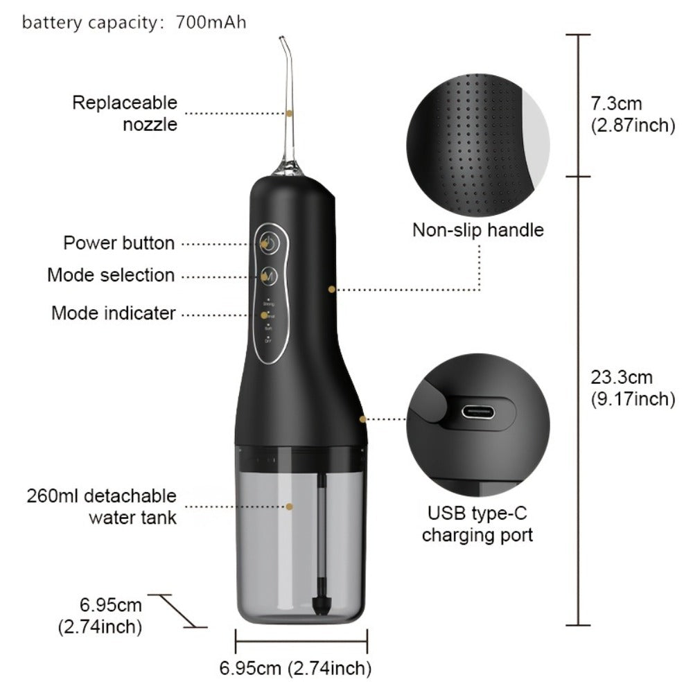 Water Flosser, Water Flossing Wand, 4 Adjustable Modes, Includes 4 Nozzles, Rechargeable Cordless Oral Irrigator, Portable IPX7 Waterproof, Dual-Use for Home And Travel, Black Edition, Christmas Gift