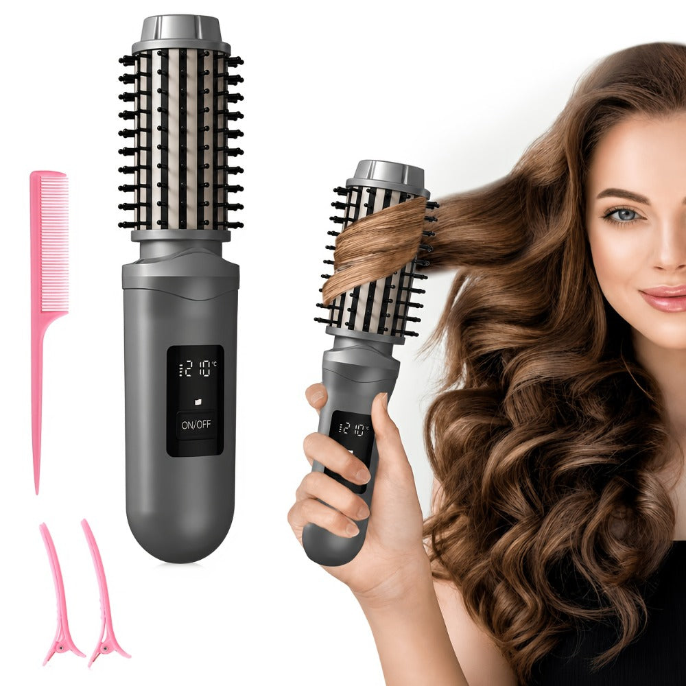 Cordless Hair Curler And Straightener Brush, Wireless Hair Curler, Wireless Curling Brush for Women, Rechargeable 2-In-1 Styling Tool with LED Display