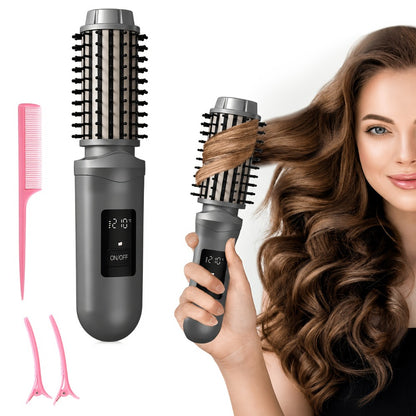 Wireless Hair Curler Brush 2-in-1 Cordless Straightener Styling Tool - Rechargeable LED Display Auto Curling Iron for Women Travel Home White Grey
