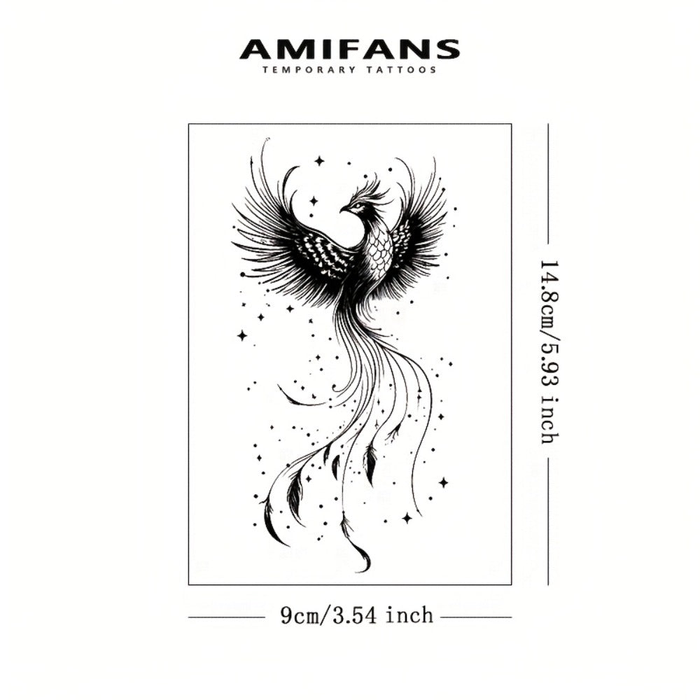 3-Pack AMIFANS Semi-Permanent Phoenix Tattoo Stickers, 3. 2" X 3. 2", Realistic Tattoo Navy Blue Ink Style, Lasting 1-2 Weeks, Long-Lasting Juice Temporary Tattoos For Adults, Arm Body Art