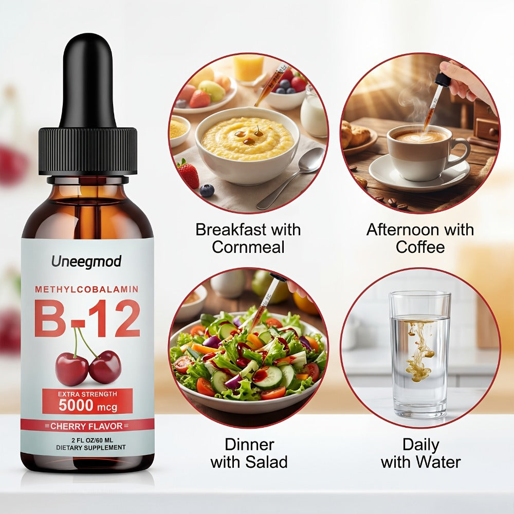 Uneegmod Vitamin B12 Liquid Drops 5000 Micrograms Cherry Flavor Sublingual B12 Drops Methylcobalamin Liquid Supplement Suitable for Both Men And Women 2 Fluid Ounces