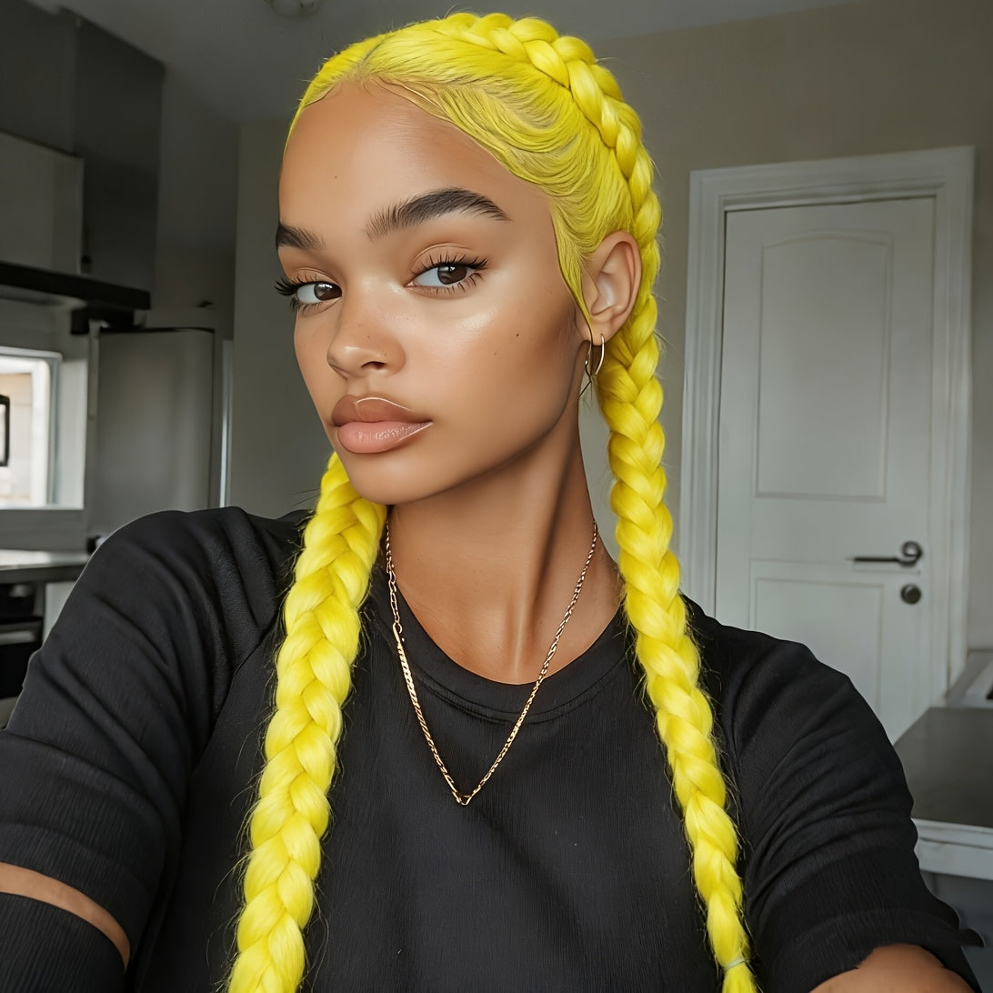 Braided Lace Front Wig 13x4 for Women — 26 Inch 250% Density Synthetic Braid Wig with Baby Hair, Rainbow Colors Blue Pink Yellow 613 Black, Heat Resistant for Party Cosplay