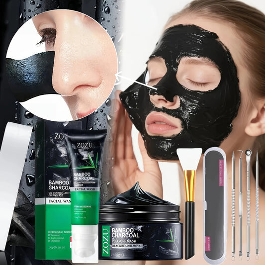 4pcs Bamboo Charcoal Kit Suitable for Skin Types, Pore Cleanser with Mask, Oil-Control Facial Cleanser, Extraction Tool & Brush for Skin, &, Bamboo Charcoal Cleansing Essence for Daily Use