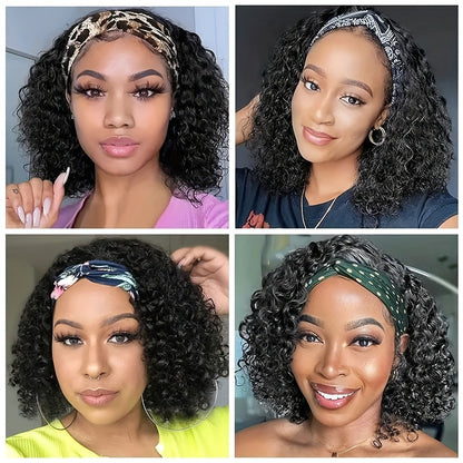 Headband Wig Human Hair Short Curly Pixie Cut Wig No Glue Natural Black Beginner Friendly Glueless Wear and Go Wig for Women 14 Inch