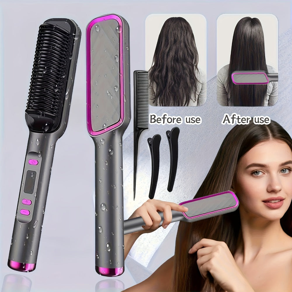 2 in 1 Curling Hair Straightener+2 Hairpins + 1 Comb, 35S Fast Hair Straightener, Women'S Hair Straightener, LCD Display Hair Straightener, 4-Speed Temperature Flat Iron Brush, Anti-Scalding, Birthday Christmas Gift
