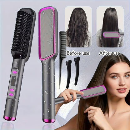 2-in-1 Hair Straightener & Curler with LCD Display — 35-Second Fast Heat, 4-Speed Temperature Control, Anti-Scald Flat Iron Brush for Women, Includes 2 Hairpins & Comb