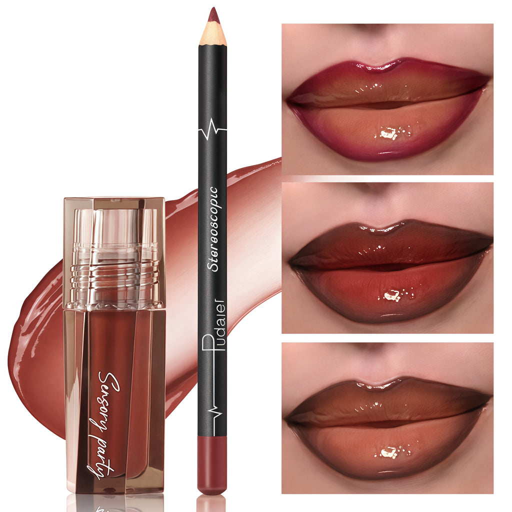 Hydrating Lip Gloss & Lip Liner Set - Define Your Lips with 3D Precision, Achieve Dewy Look for Any Occasion, Perfectly Versatile for Every Makeup Style! Christmas gifts, Christmas presents for Mom/Partner