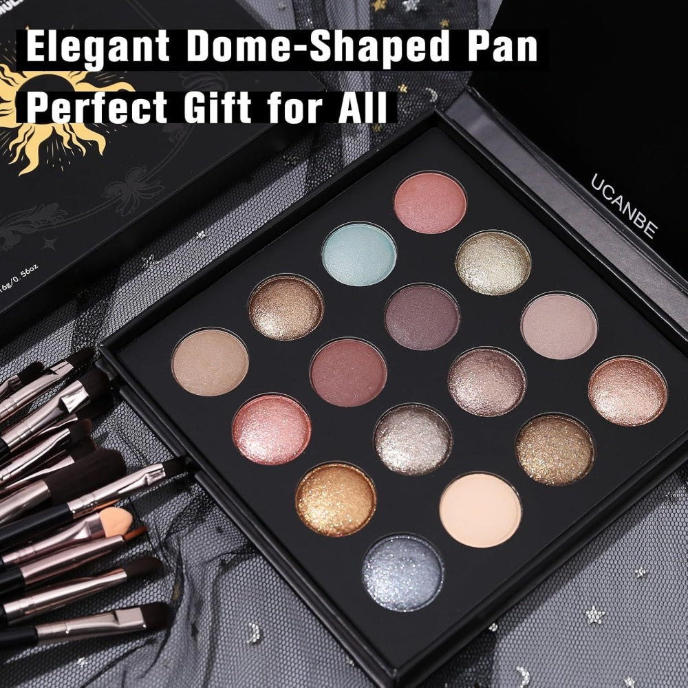 Eyeshadow Palette 16 Colors with 15 Brushes — Baked Matte Shimmer & Metallic Eye Shadow Set, High Pigment Long-Lasting Waterproof, Natural Nude & Coral Tones for Women & Girls, Complete Makeup Kit