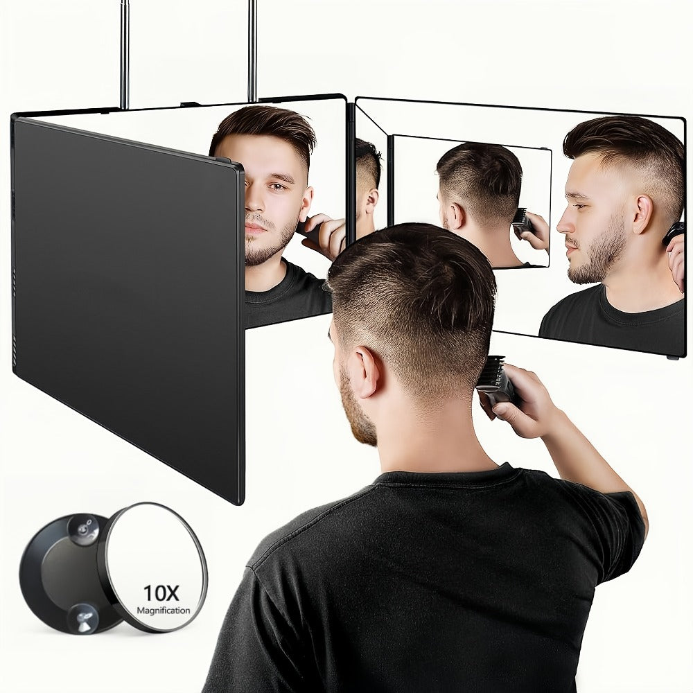 Self Hair Cutting Mirror 360° View 3-Way Anti-Fog HD Glass with 10X Magnifying Mirror - Height Adjustable Door Wall Table Mount DIY Barber Mirror for Home