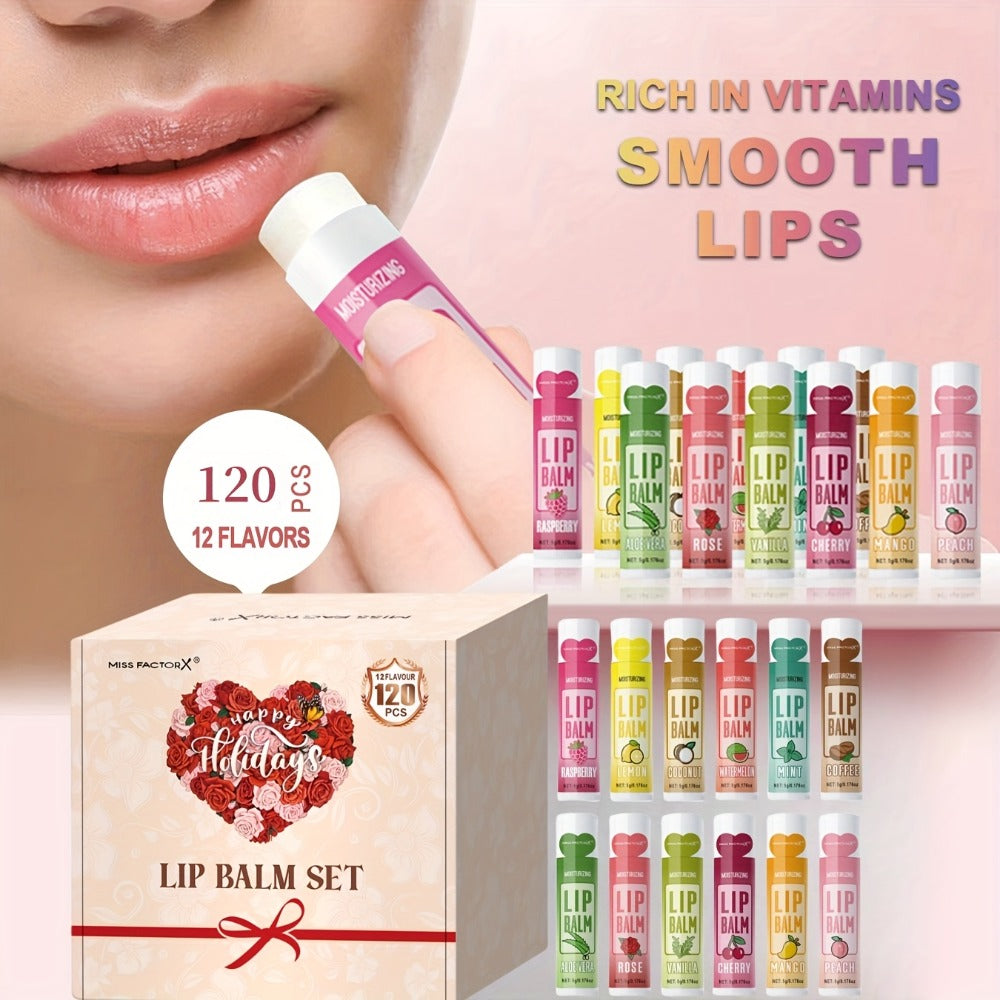 120pcs MISS FACTORX Lip Balm Gift Set - 12 Unique Flavors, Long-Lasting Moisturization & Natural Shine, Jojoba Oil Included, Suitable for All Skin Types, Ideal Choice for Mother's Day and Party Gifts