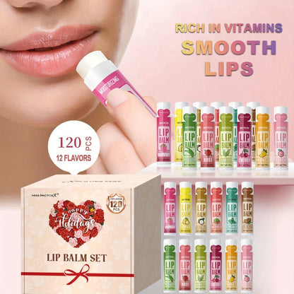 Lip Balm Gift Set 120 Pcs - 12 Flavors Moisturizing Lip Butter with Jojoba Oil, Glossy Natural Shine, Long-Lasting Hydration for All Skin Types, Holiday Party Gift